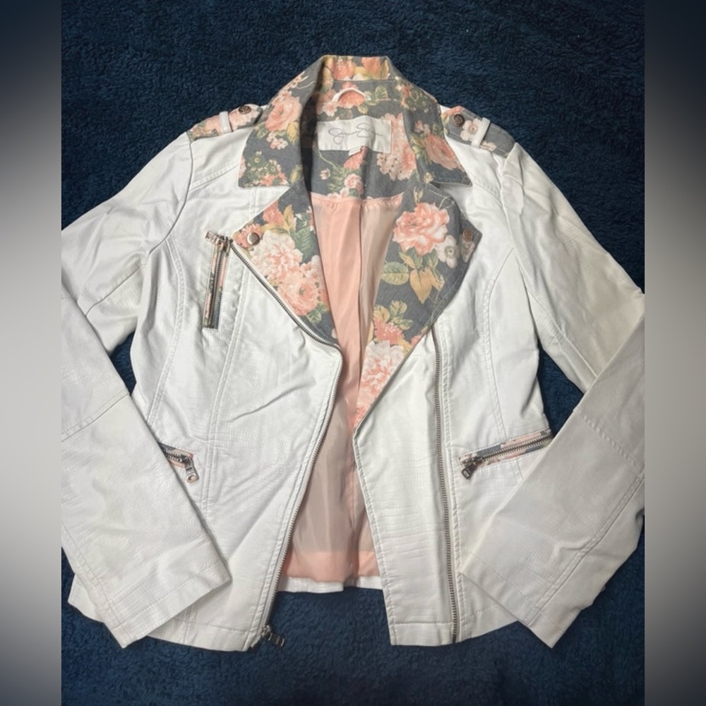 White Floral Vegan Leather Jacket